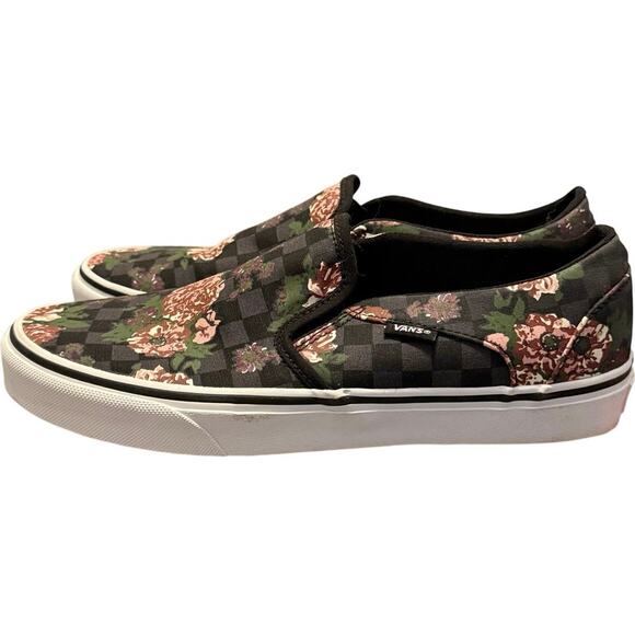 Vans Asher Flowers & Checks Black Slip On Flat Shoe Women’s Size 10 - Picture 3 of 6